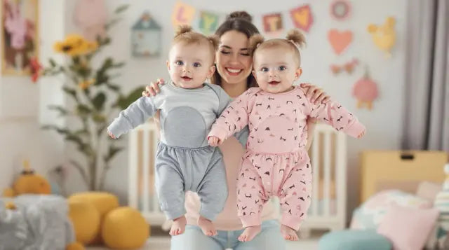 אמא מחזיקה שני תינוקות תאומים מחייכים – אחד לבוש אפור והשני ורוד – בחדר ילדים צבעוני ומקושט