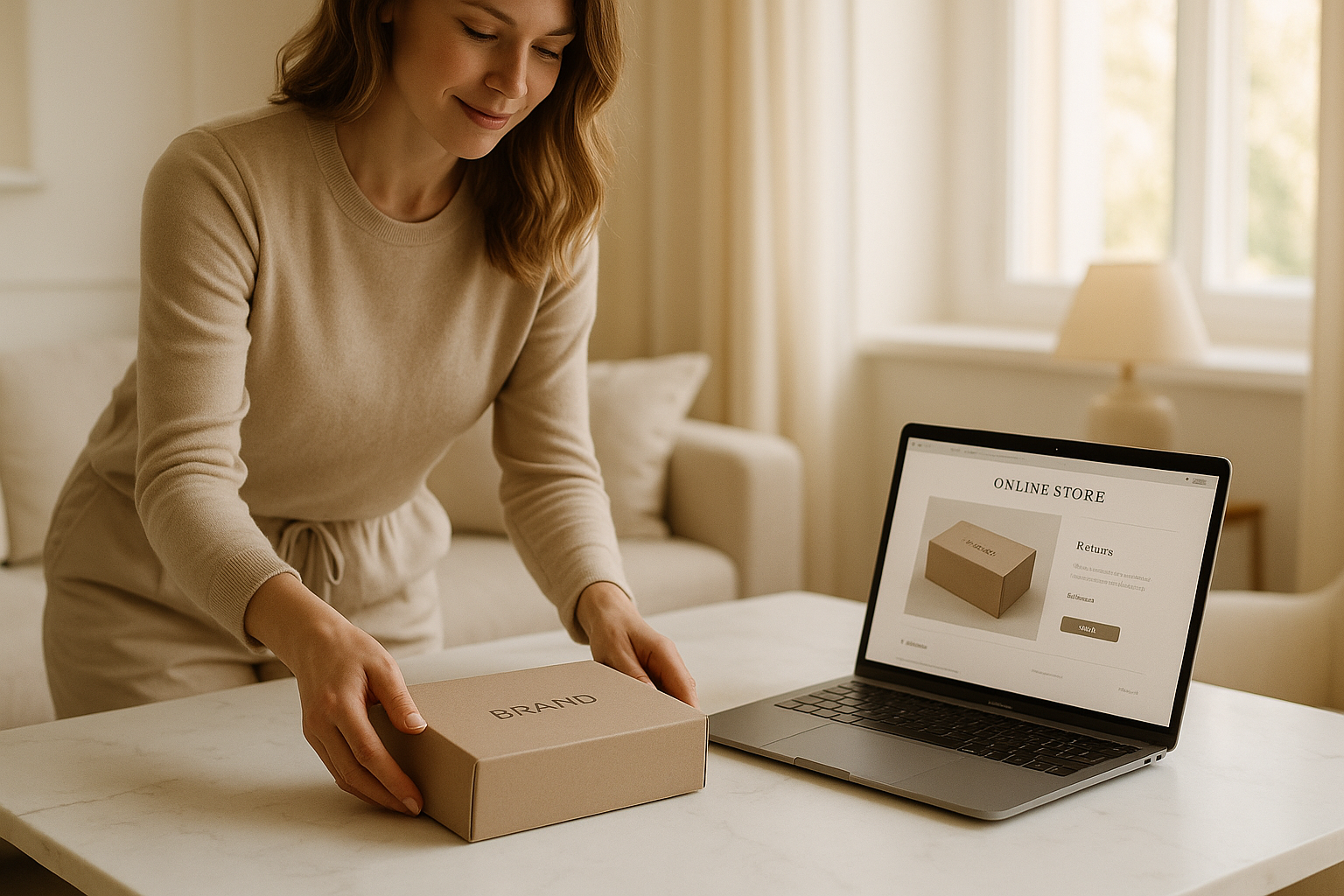 Elegant lifestyle photography in soft, natural light, showing a stylish mother in a cozy, modern home gently placing a premium-branded package on a white marble table, with a sleek laptop beside her displaying a refined online store interface, pastel beige and cream tones, evoking ease, trust, and premium customer care for effortless product returns